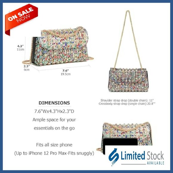 Sparkling Rhinestone Evening Clutch - Elegant Party Purse  Rhinestone Evening Clutch with Chain, 7.6\
